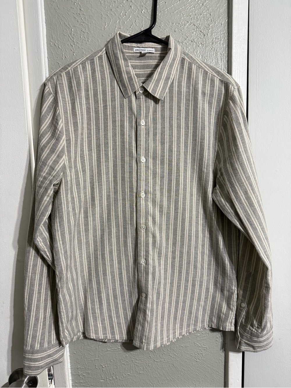 James Perse Striped Button-Down Shirt in Gray and Cream